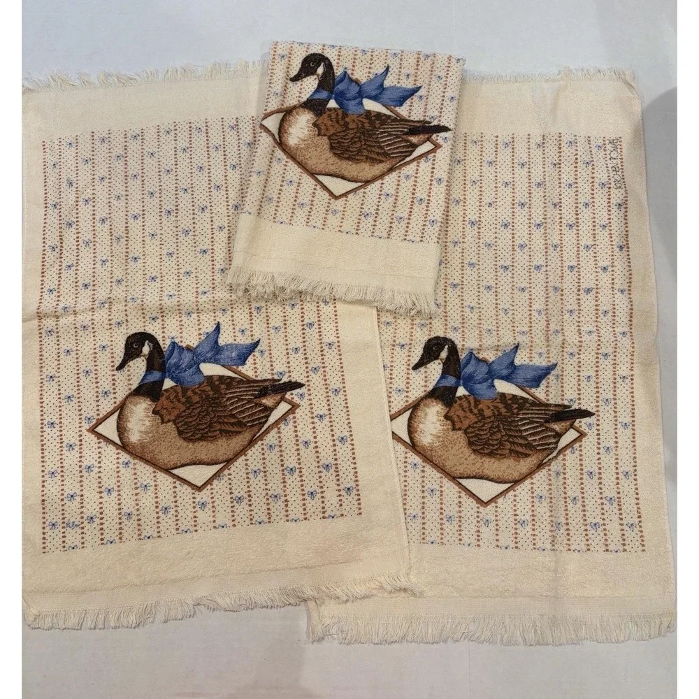 3 Vtg Duck Hand Dish Towel  Fringe Kitchen Cabin Rustic 80s USA